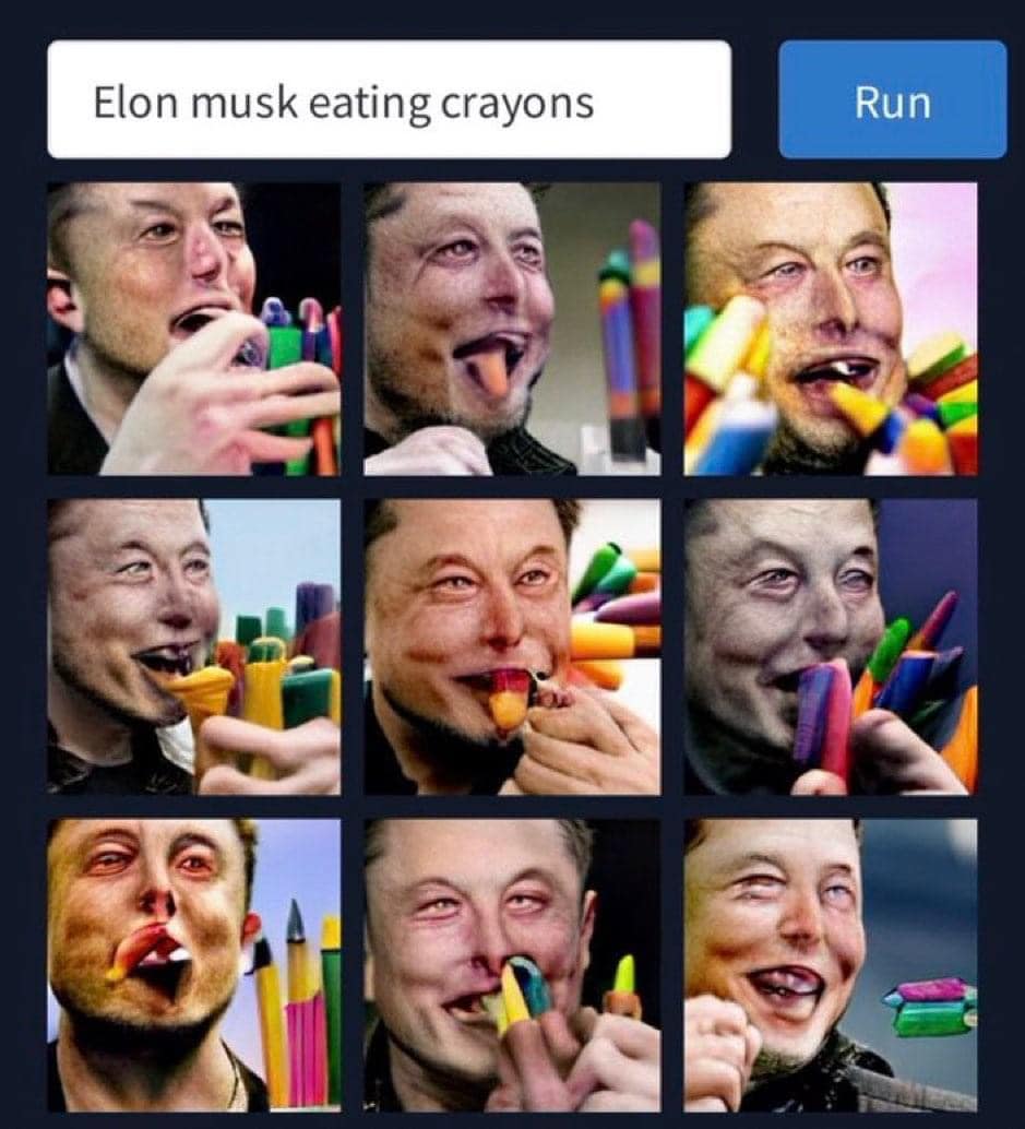 This meme is a series of images of Elon Musk eating crayons, with the caption "Elon Musk eating crayons". The images show Musk's face contorted in a comically exaggerated expression of eating a crayon, with the color of the crayon matching the color of his face. The meme is a humorous and absurd representation of the idea of someone eating crayons.